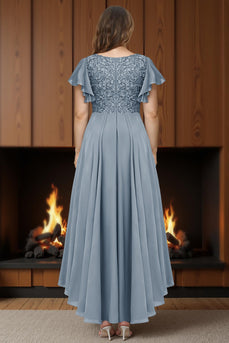 Dusty Blue A Line V Neck Ankle Length Ruffled Mother of the Bride Dress with Sleeves