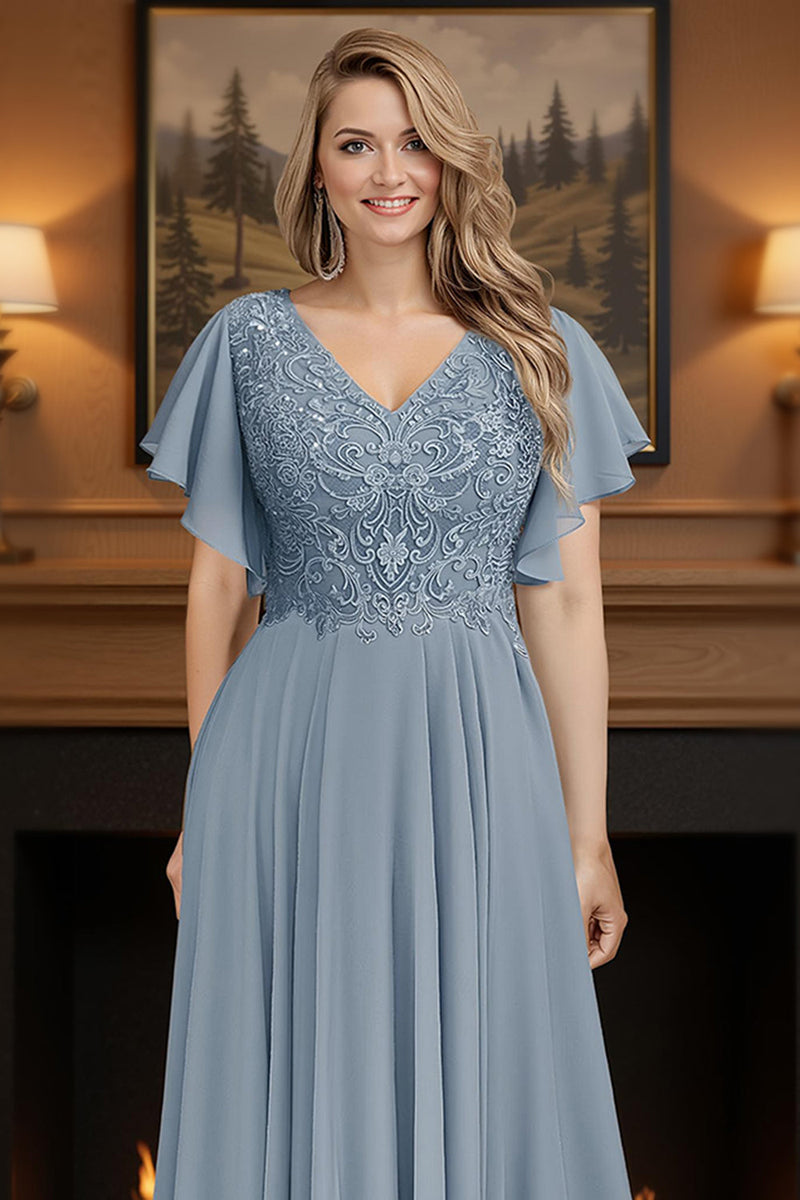 Load image into Gallery viewer, Dusty Blue A Line V Neck Ankle Length Ruffled Mother of the Bride Dress with Sleeves
