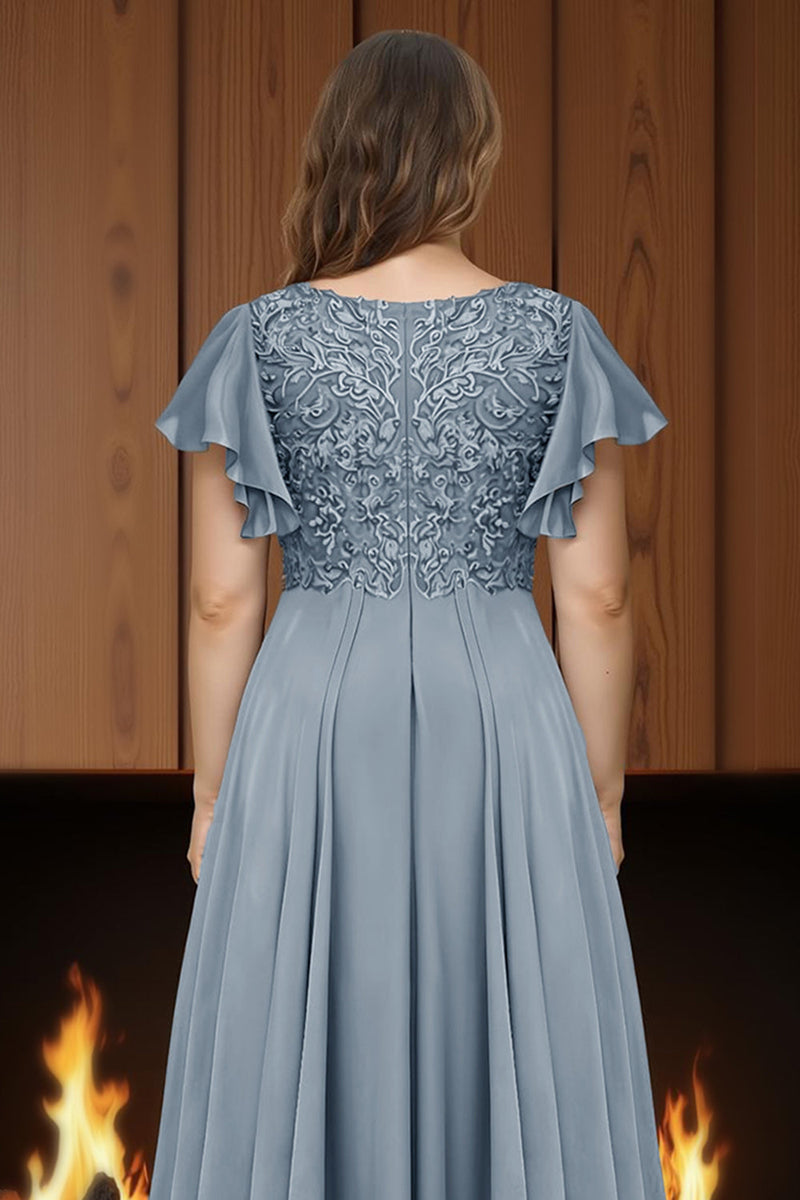 Load image into Gallery viewer, Dusty Blue A Line V Neck Ankle Length Ruffled Mother of the Bride Dress with Sleeves