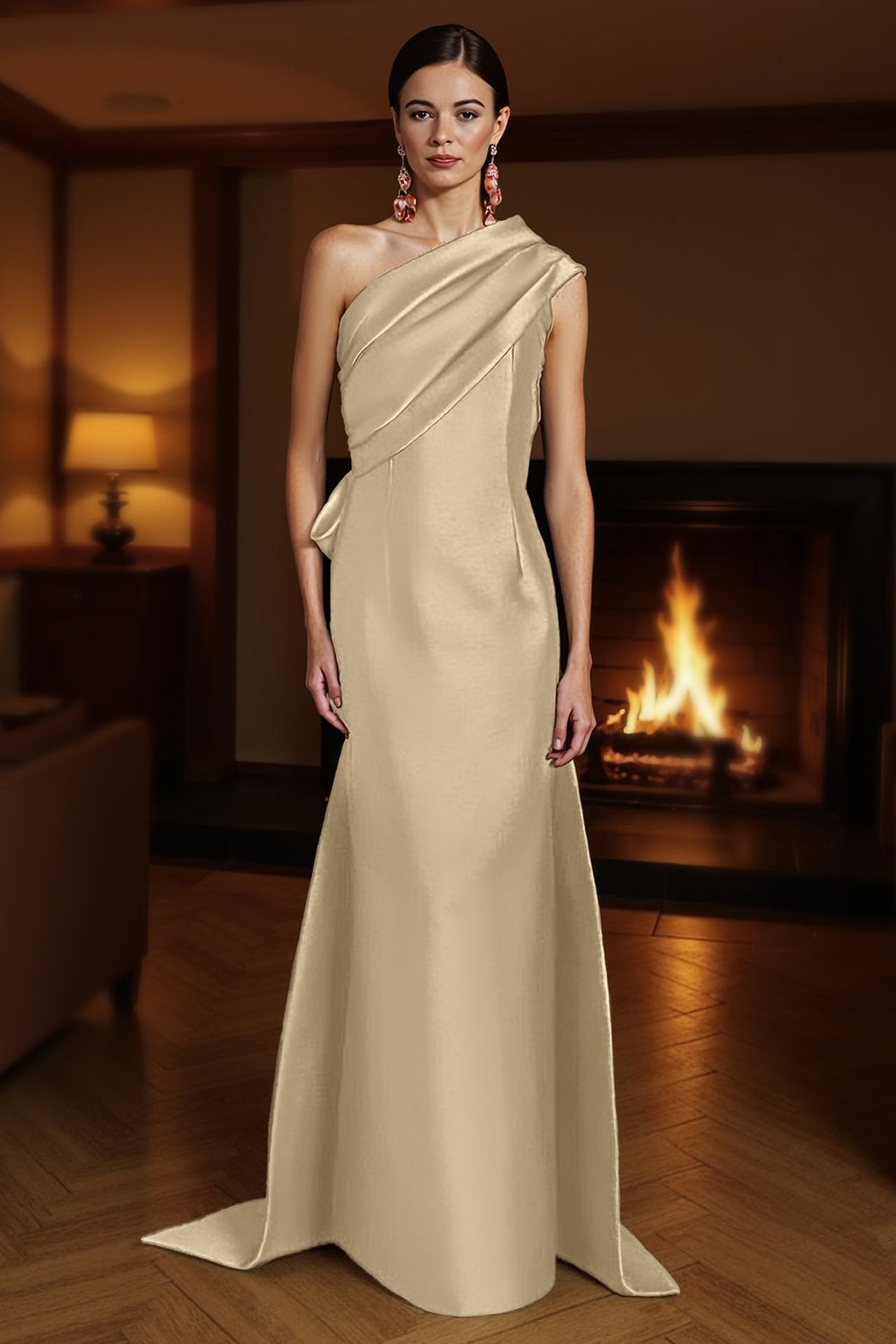 Champagne Sheath One Shoulder Ruched Long Mother of the Bride Dress