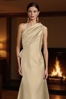 Champagne Sheath One Shoulder Ruched Long Mother of the Bride Dress