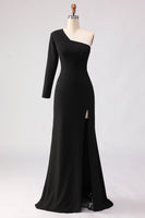 Load image into Gallery viewer, Black One Shoulder Sheath Long Mother of the Bride Dress with Slit