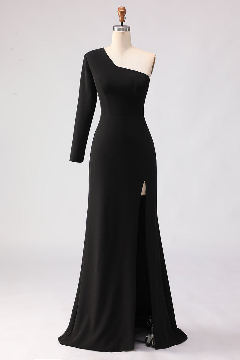 Load image into Gallery viewer, Black One Shoulder Sheath Long Mother of the Bride Dress with Slit