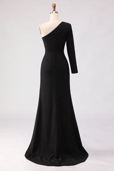 Black One Shoulder Sheath Long Mother of the Bride Dress with Slit