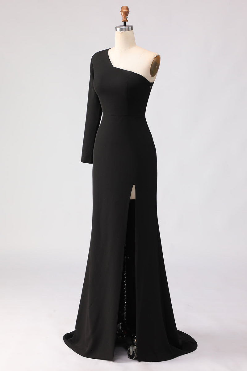Load image into Gallery viewer, Black One Shoulder Sheath Long Mother of the Bride Dress with Slit