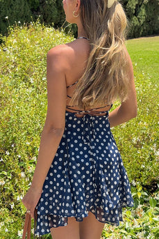 Navy Polka Dots Tiered A Line Mini Birthday Dress with Ruffles