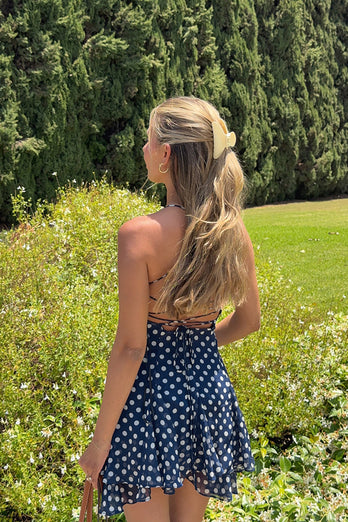 Navy Polka Dots Tiered A Line Mini Birthday Dress with Ruffles