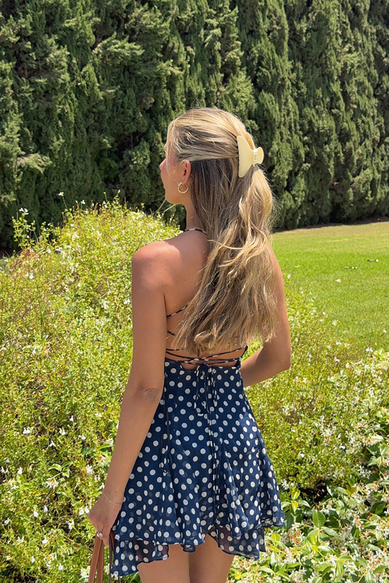 Load image into Gallery viewer, Navy Polka Dots Tiered A Line Mini Birthday Dress with Ruffles