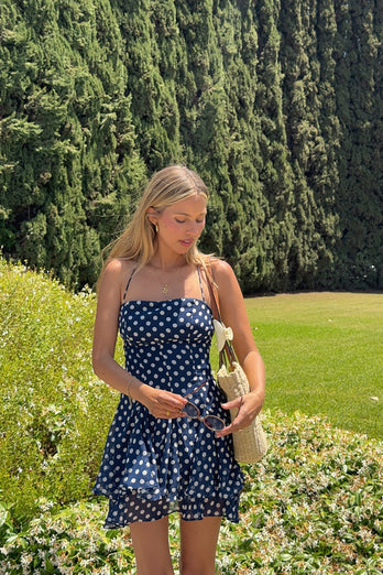 Navy Polka Dots Tiered A Line Mini Birthday Dress with Ruffles