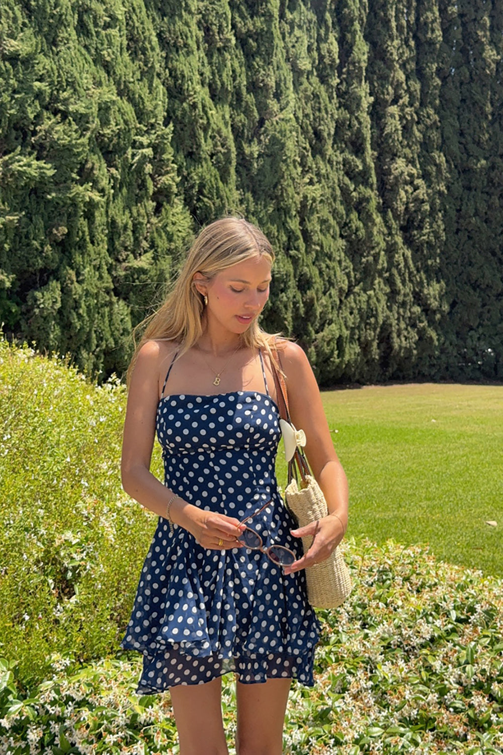 Navy Polka Dots Tiered A Line Mini Birthday Dress with Ruffles