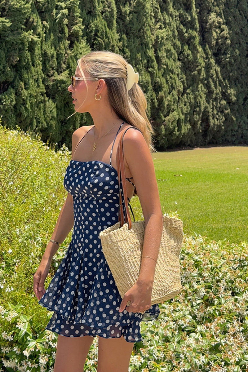 Load image into Gallery viewer, Navy Polka Dots Tiered A Line Mini Birthday Dress with Ruffles