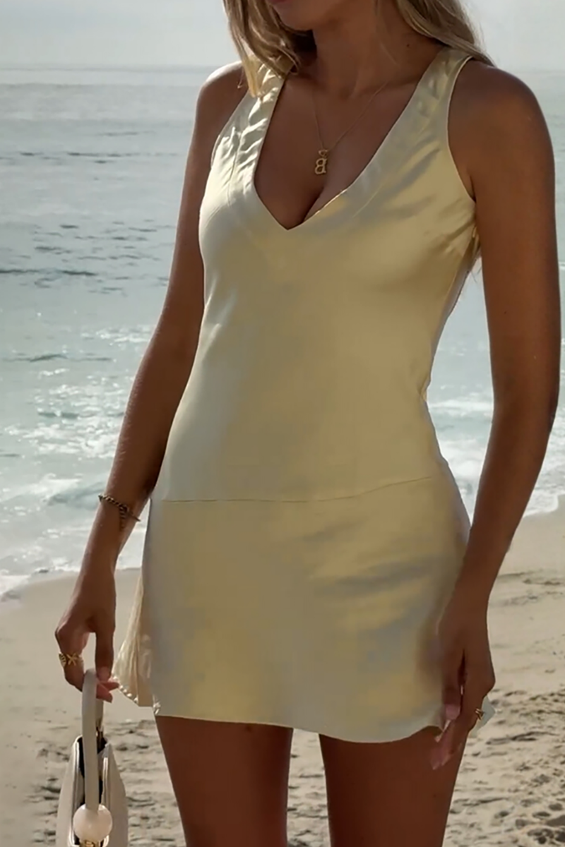 Load image into Gallery viewer, Yellow Bodycon V-Neck Mini Birthday Dress with Sash