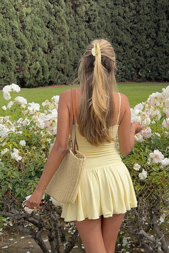 Yellow A Line Spaghetti Straps Mini Birthday Dress