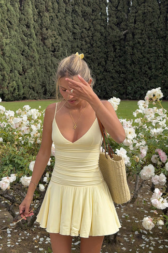 Yellow A Line Spaghetti Straps Mini Birthday Dress