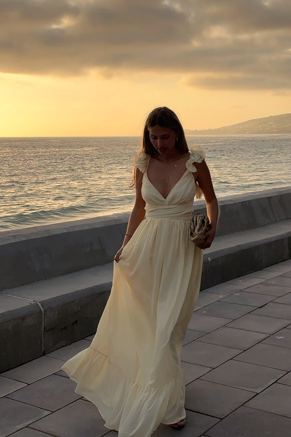 Yellow A Line V-Neck Maxi Birthday Dress with Ruffles