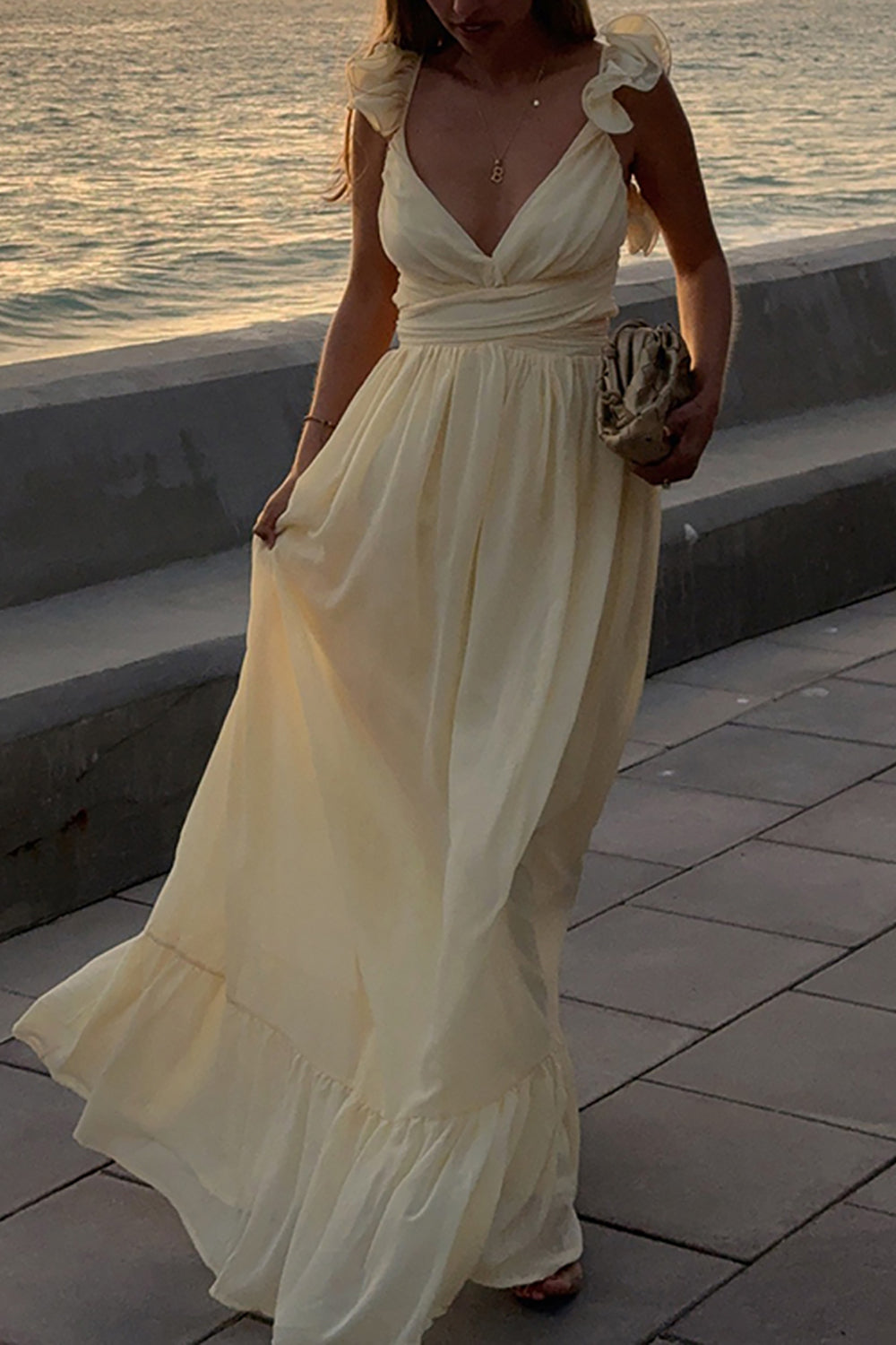 Yellow A Line V-Neck Maxi Birthday Dress with Ruffles