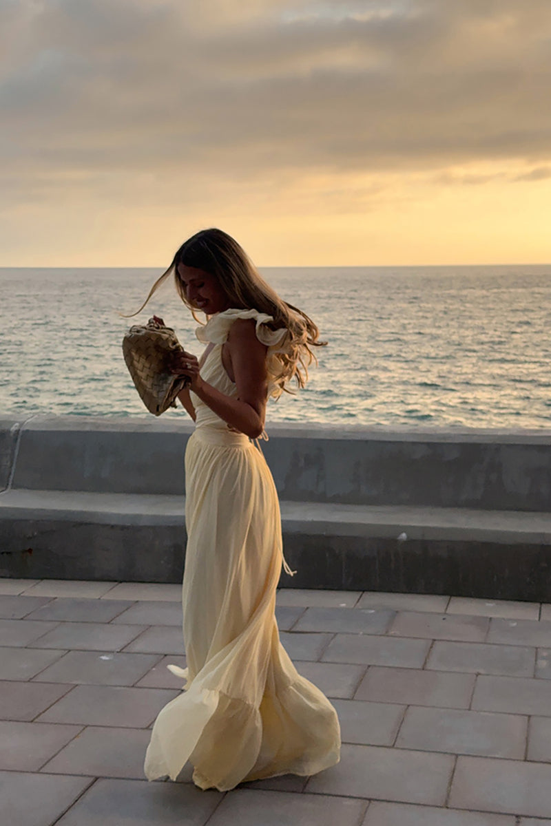 Load image into Gallery viewer, Yellow A Line V-Neck Maxi Birthday Dress with Ruffles