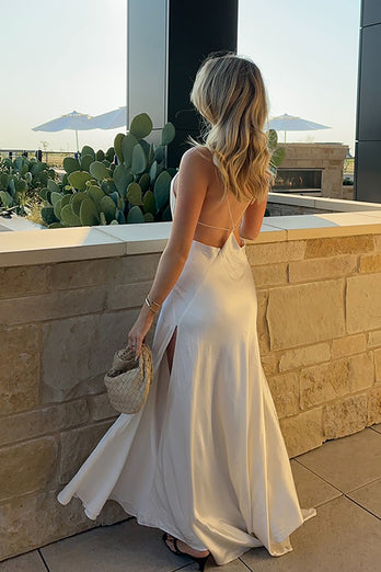 White Spaghetti Straps Satin A Line Maxi Birthday Dress with Slit