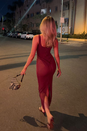 Burgundy Sheath Scoop Neck Maxi Birthday Dress with Slit