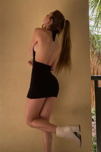 Black Halter Backless Bodycon Mini Birthday Dress