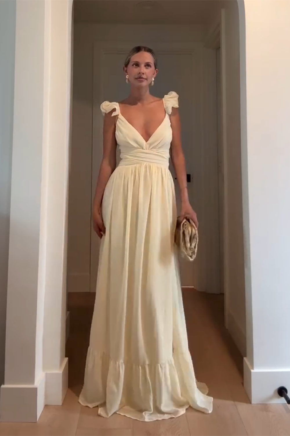 Yellow V-Neck Ruffled Sheath Maxi Dress