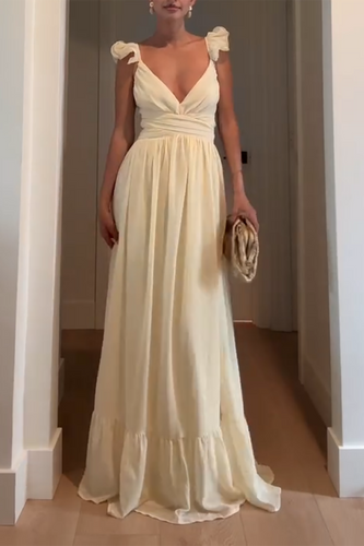 Yellow V-Neck Ruffled Sheath Maxi Dress