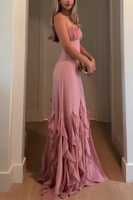 Load image into Gallery viewer, Blush Chiffon Spaghetti Straps Sheath Maxi Formal Dress with Ruffles