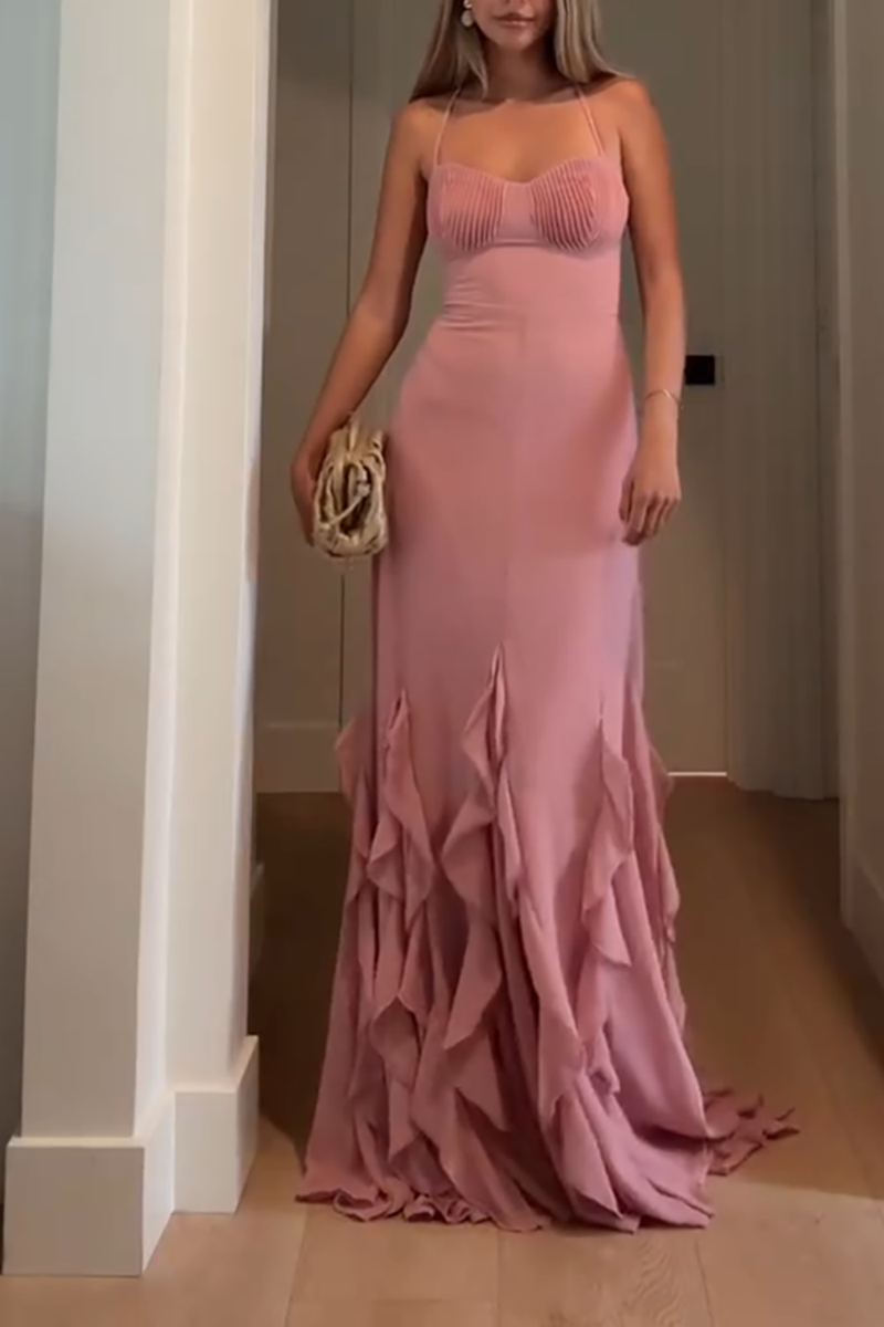 Load image into Gallery viewer, Blush Chiffon Spaghetti Straps Sheath Maxi Formal Dress with Ruffles