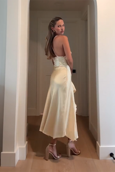 Yellow Satin Cowl Neck Ruffled Sheath Maxi Formal Dress