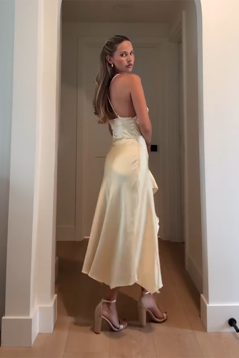 Load image into Gallery viewer, Yellow Satin Cowl Neck Ruffled Sheath Maxi Formal Dress