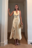 Load image into Gallery viewer, Yellow Satin Cowl Neck Ruffled Sheath Maxi Formal Dress