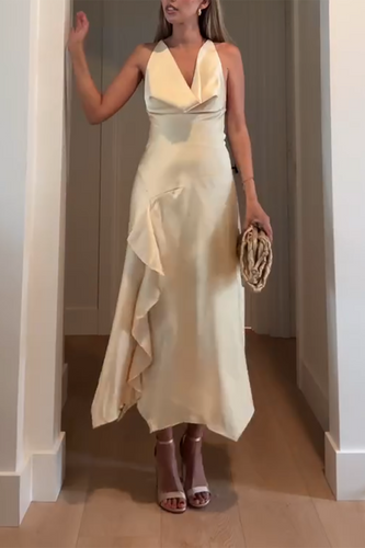 Yellow Satin Cowl Neck Ruffled Sheath Maxi Formal Dress