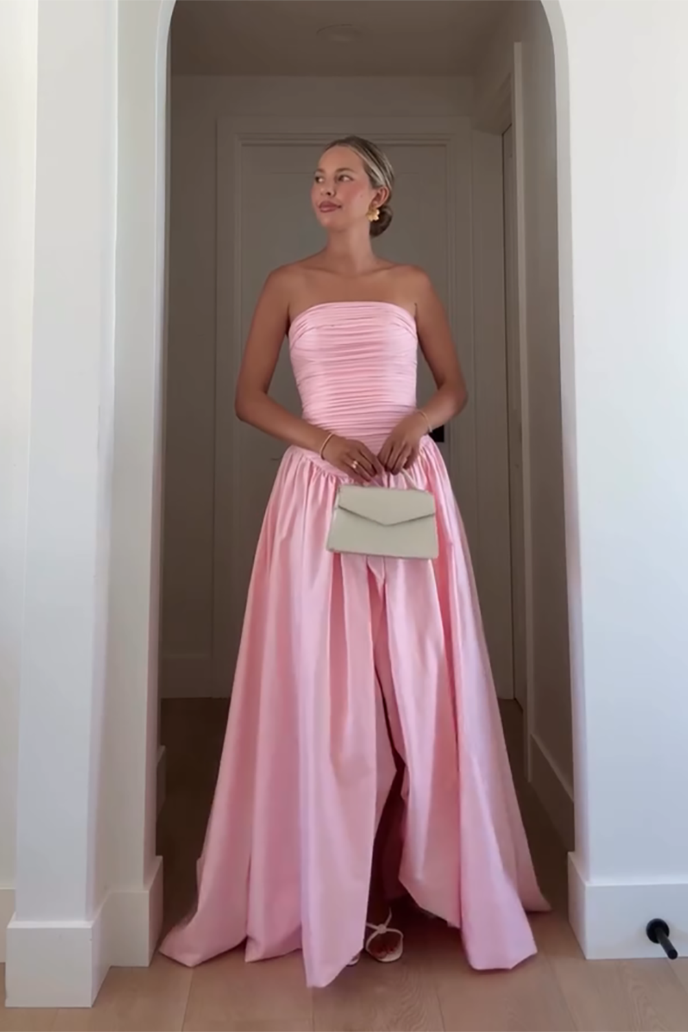 Pink Strapless Satin A-Line Pleated Maxi Formal Dress with Slit