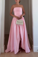 Load image into Gallery viewer, Pink Strapless Satin A-Line Pleated Maxi Formal Dress with Slit