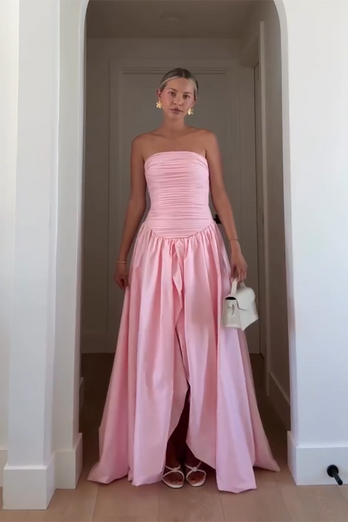 Pink Strapless Satin A-Line Pleated Maxi Formal Dress with Slit