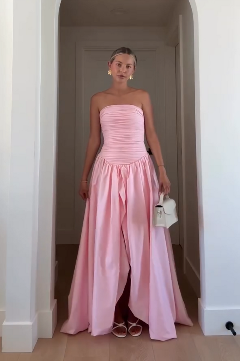Load image into Gallery viewer, Pink Strapless Satin A-Line Pleated Maxi Formal Dress with Slit
