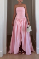Load image into Gallery viewer, Pink Strapless Satin A-Line Pleated Maxi Formal Dress with Slit