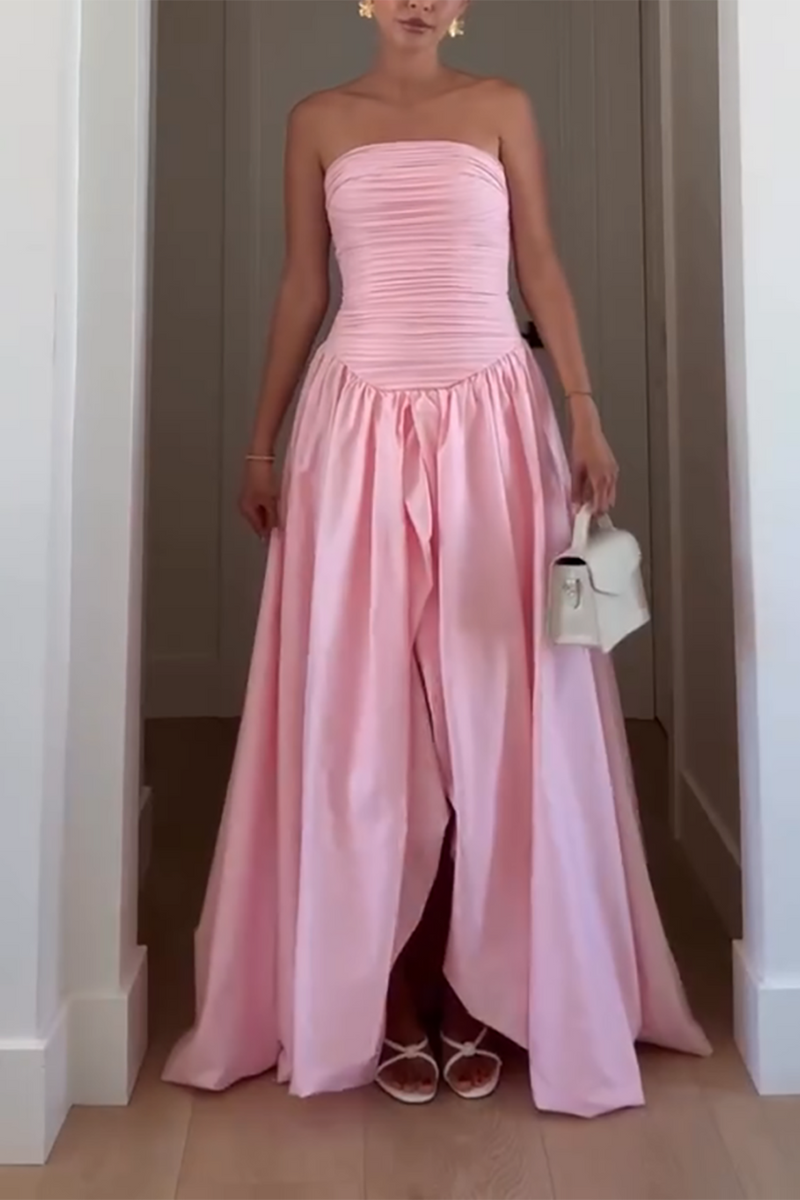 Load image into Gallery viewer, Pink Strapless Satin A-Line Pleated Maxi Formal Dress with Slit