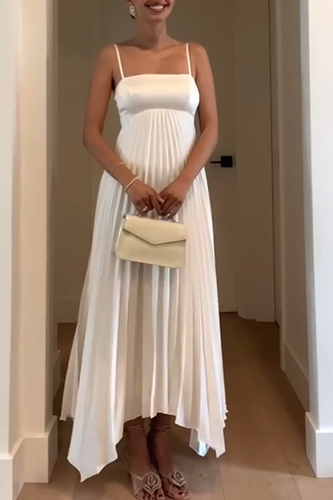 Simple White Spaghetti Straps A-Line Pleated Maxi Formal Dress
