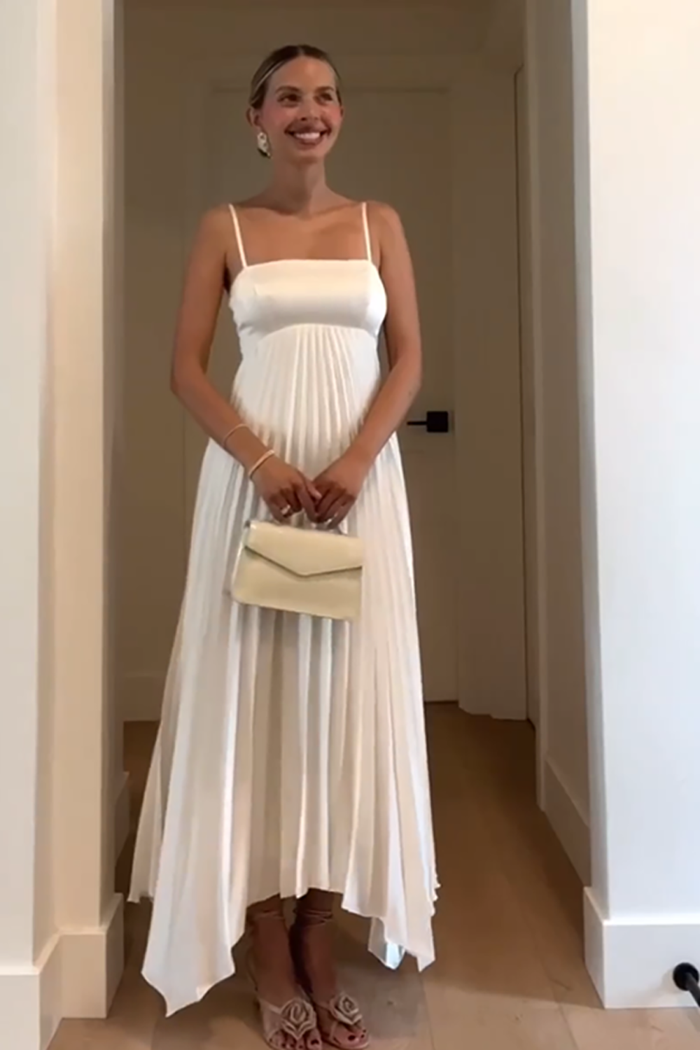 Simple White Spaghetti Straps A-Line Pleated Maxi Formal Dress