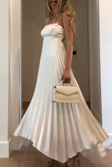 Simple White Spaghetti Straps A-Line Pleated Maxi Formal Dress