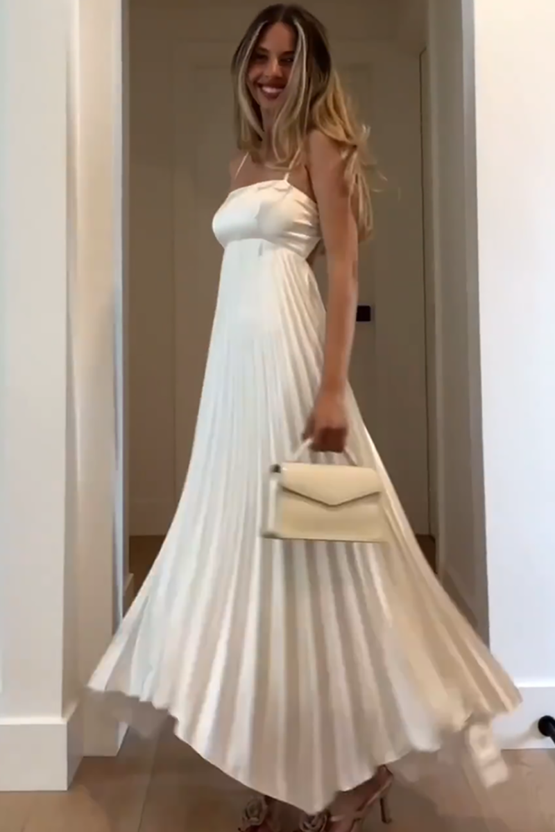 Load image into Gallery viewer, Simple White Spaghetti Straps A-Line Pleated Maxi Formal Dress