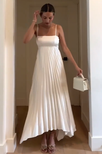 Simple White Spaghetti Straps A-Line Pleated Maxi Formal Dress