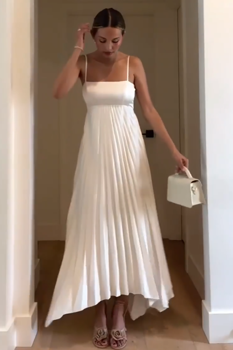 Load image into Gallery viewer, Simple White Spaghetti Straps A-Line Pleated Maxi Formal Dress