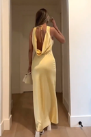 Load image into Gallery viewer, Yellow Satin Halter Sheath Backless Maxi Dress