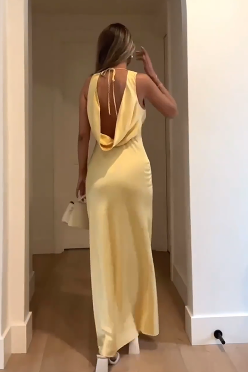 Load image into Gallery viewer, Yellow Satin Halter Sheath Backless Maxi Dress
