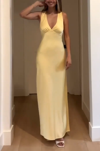 Yellow Satin Halter Sheath Backless Maxi Dress