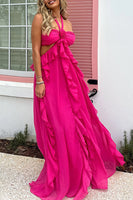 Load image into Gallery viewer, Fuchsia Floral Cut Out A Line Halter Maxi Prom Dress with Ruffles
