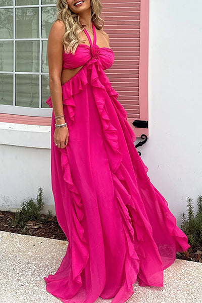 Fuchsia Floral Cut Out A Line Halter Maxi Prom Dress with Ruffles