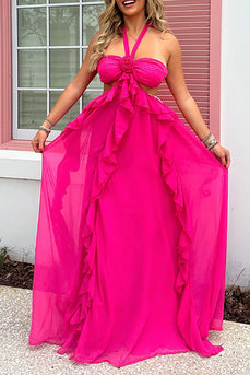 Fuchsia Floral Cut Out A Line Halter Maxi Prom Dress with Ruffles